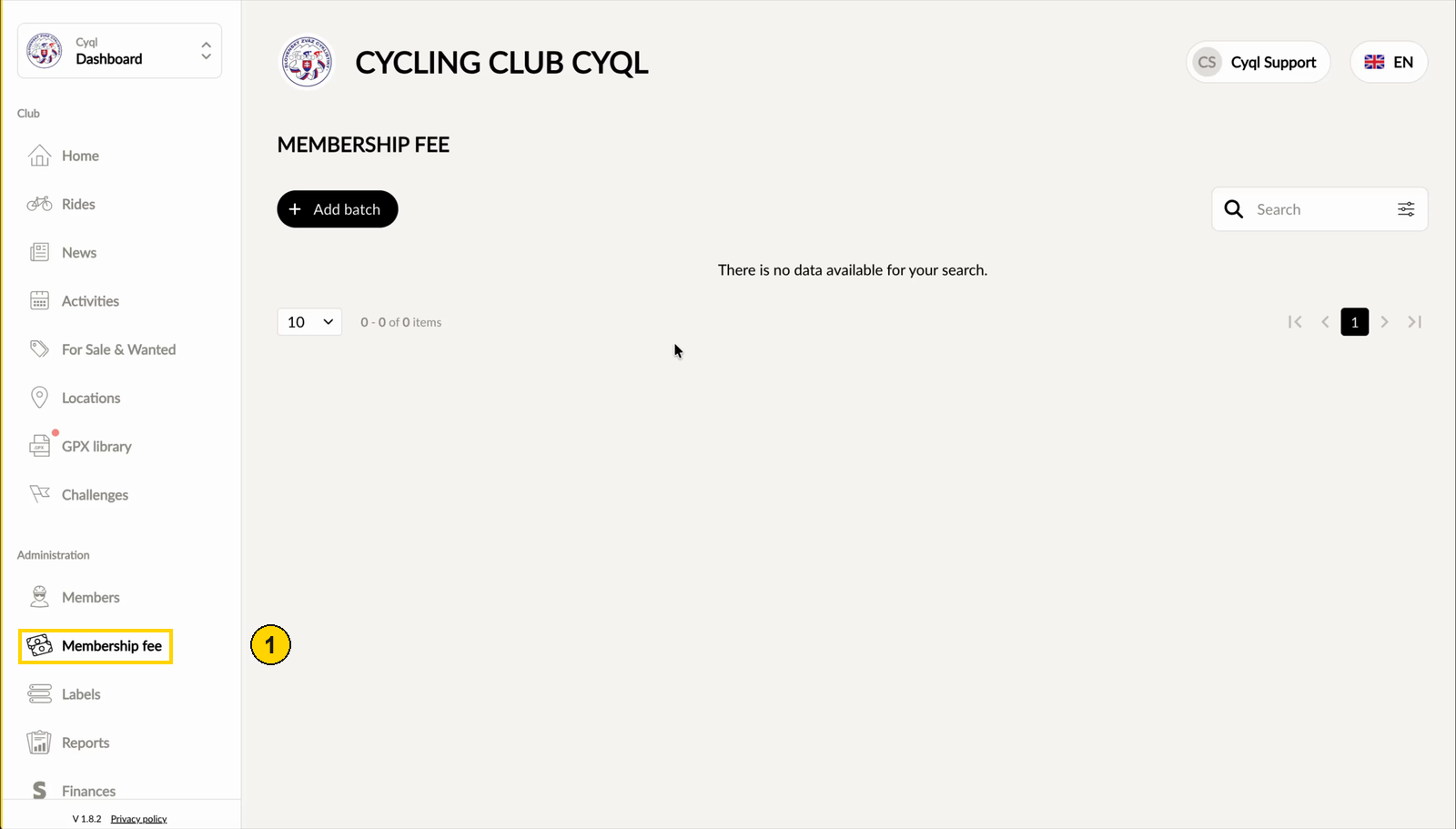 Het menu van het dashboard met Membership fee gemarkeerd