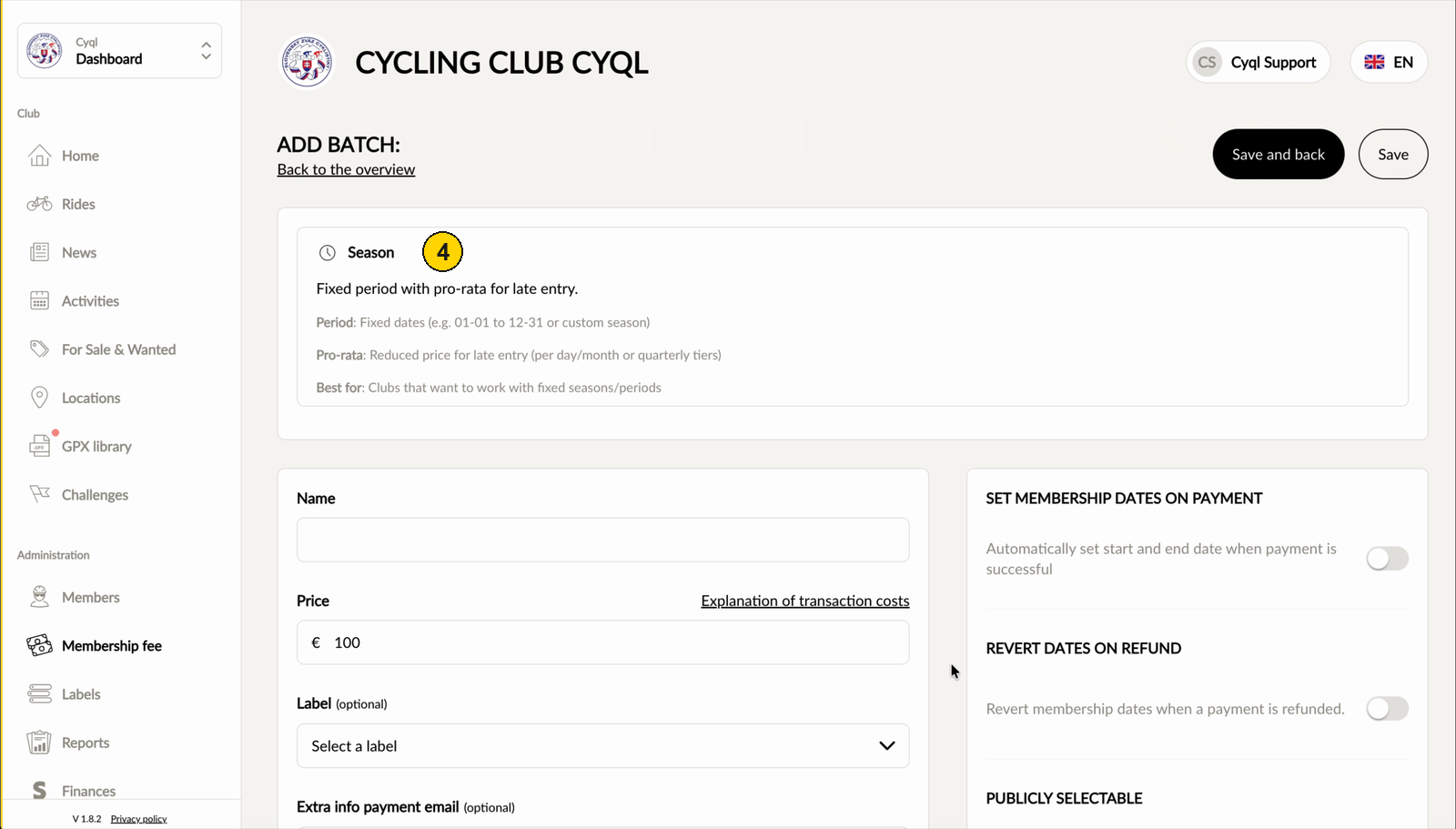 Het formulier Add batch met het model Season, zonder veld voor de duur