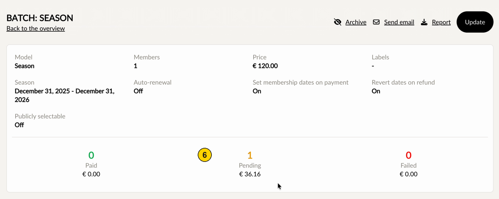 Een geopende batch met het model, de prijs en de tellers Paid, Pending en Failed