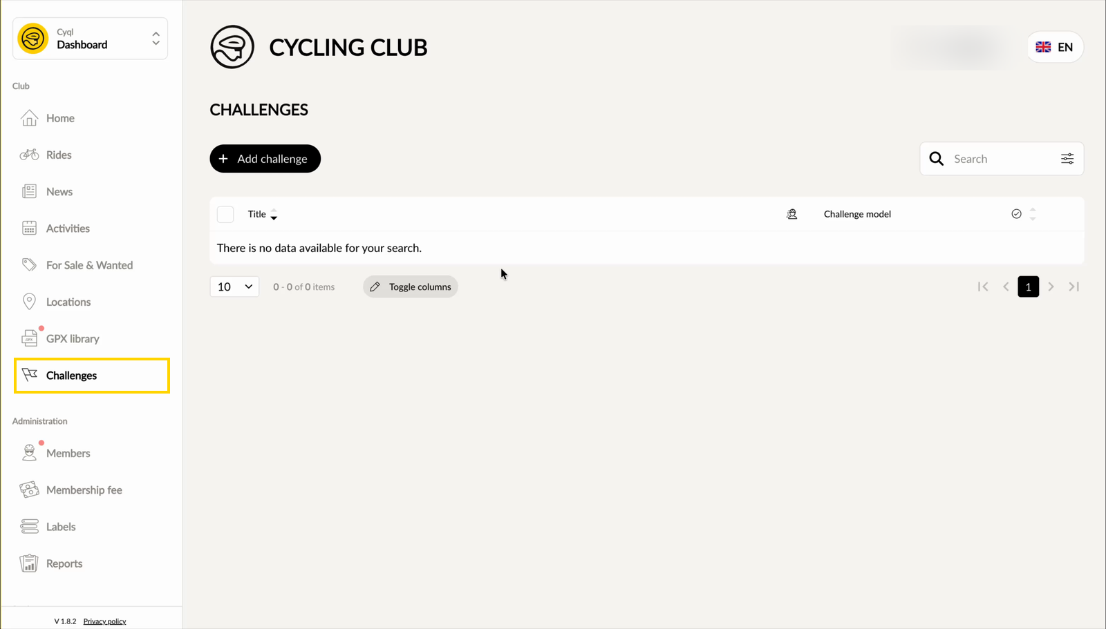 Het menu van het dashboard met Challenges gemarkeerd