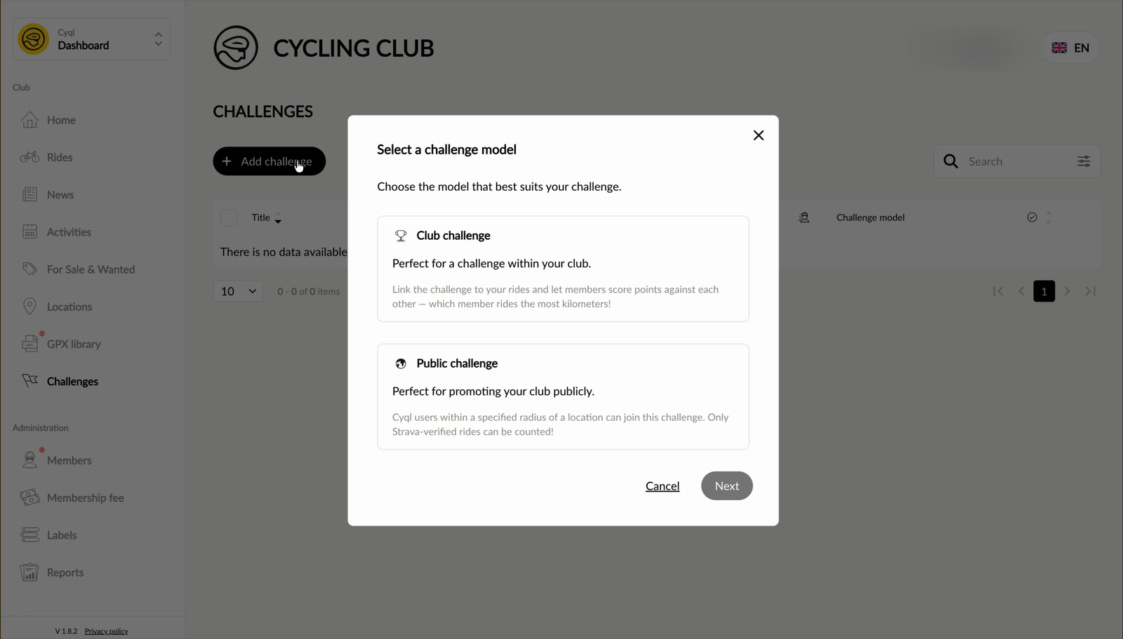 Het keuzescherm met de modellen Club challenge en Public challenge