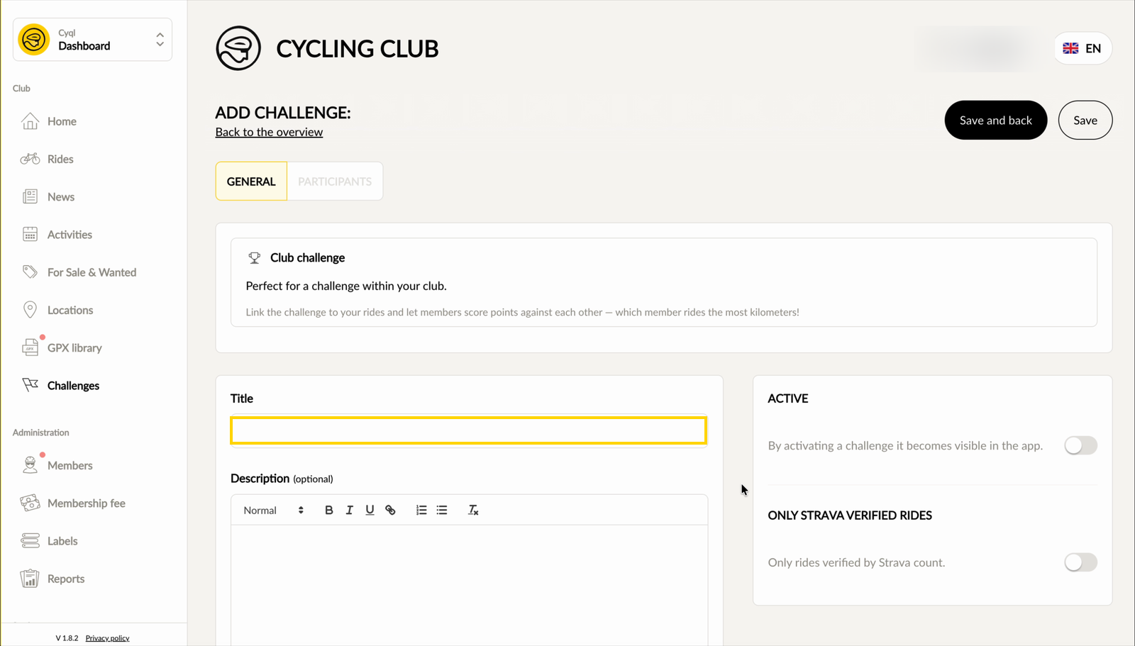 Het formulier van een nieuwe challenge met het veld Title gemarkeerd
