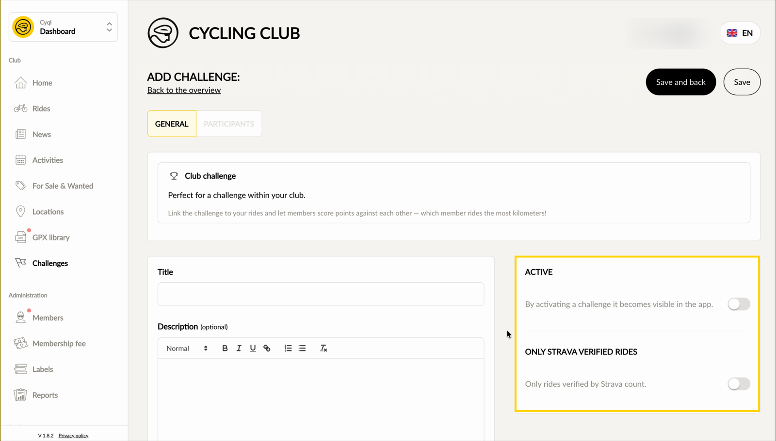 De schakelaars Active en Only Strava verified rides bij een club challenge