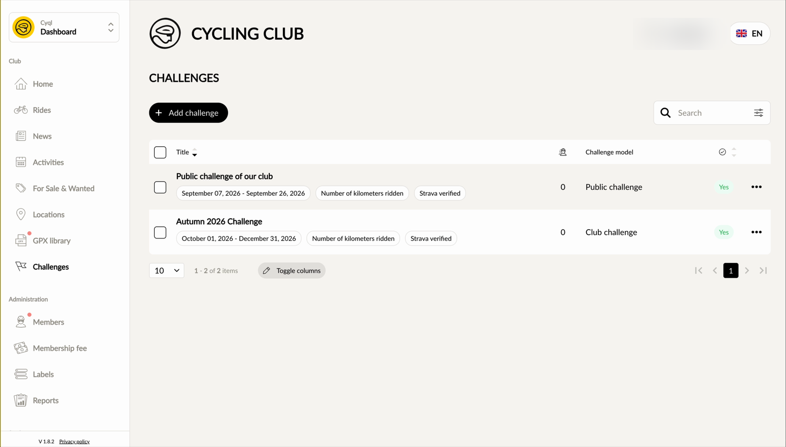 Het overzicht met een publieke challenge en een club challenge