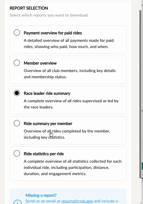 The Report selection block with five reports and their description