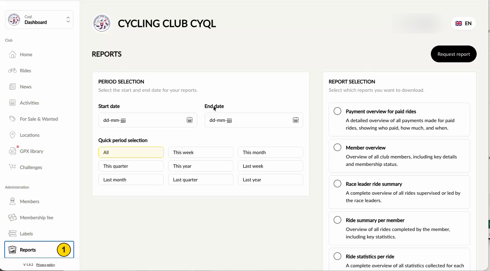 The dashboard menu with Reports highlighted