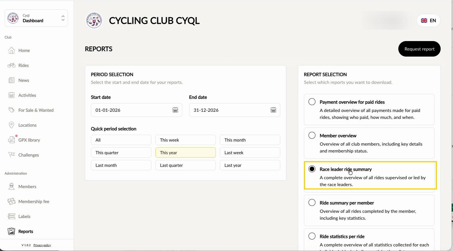 The Report selection block with the Race leader ride summary report selected