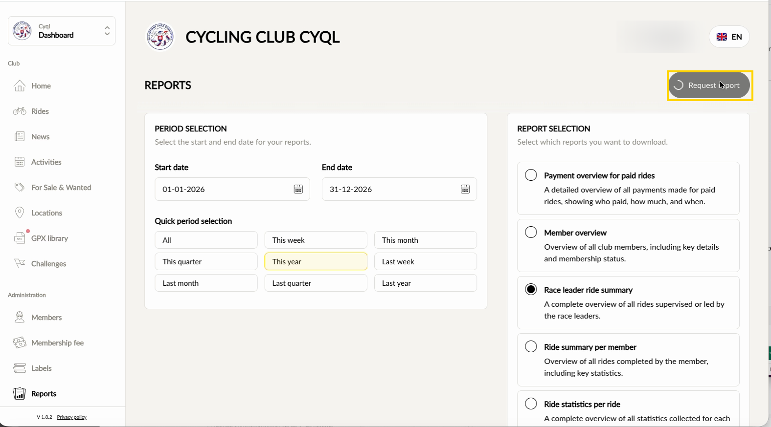 The Request report button in the top right of the Reports page